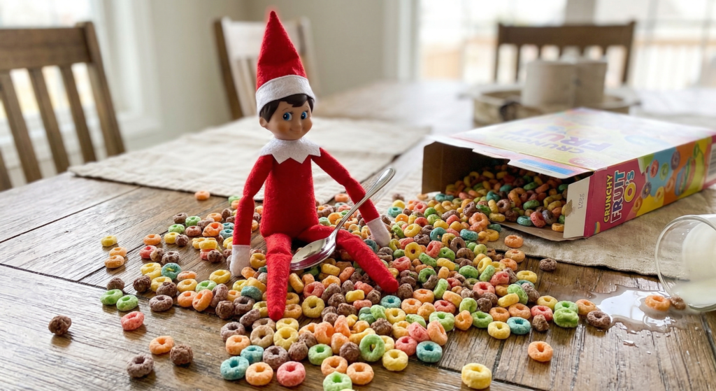 funny elf on the shelf ideas cereal mess