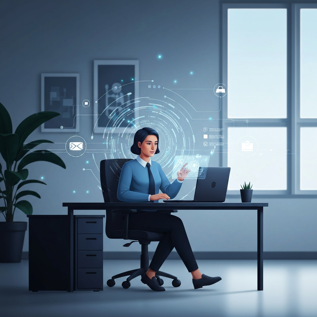 A professional digital illustration depicting a modern, clean office environment. A focused individual (gender-neutral) sits at a sleek desk, calmly interacting with a holographic interface. Around them, subtle visual representations of AI at work – glowing data streams, interconnected digital nodes, and automated task icons – gently flow and converge, symbolizing efficiency and intelligent assistance. The overall mood is calm, empowered, and futuristic, showcasing AI as an unobtrusive yet powerful productivity partner.