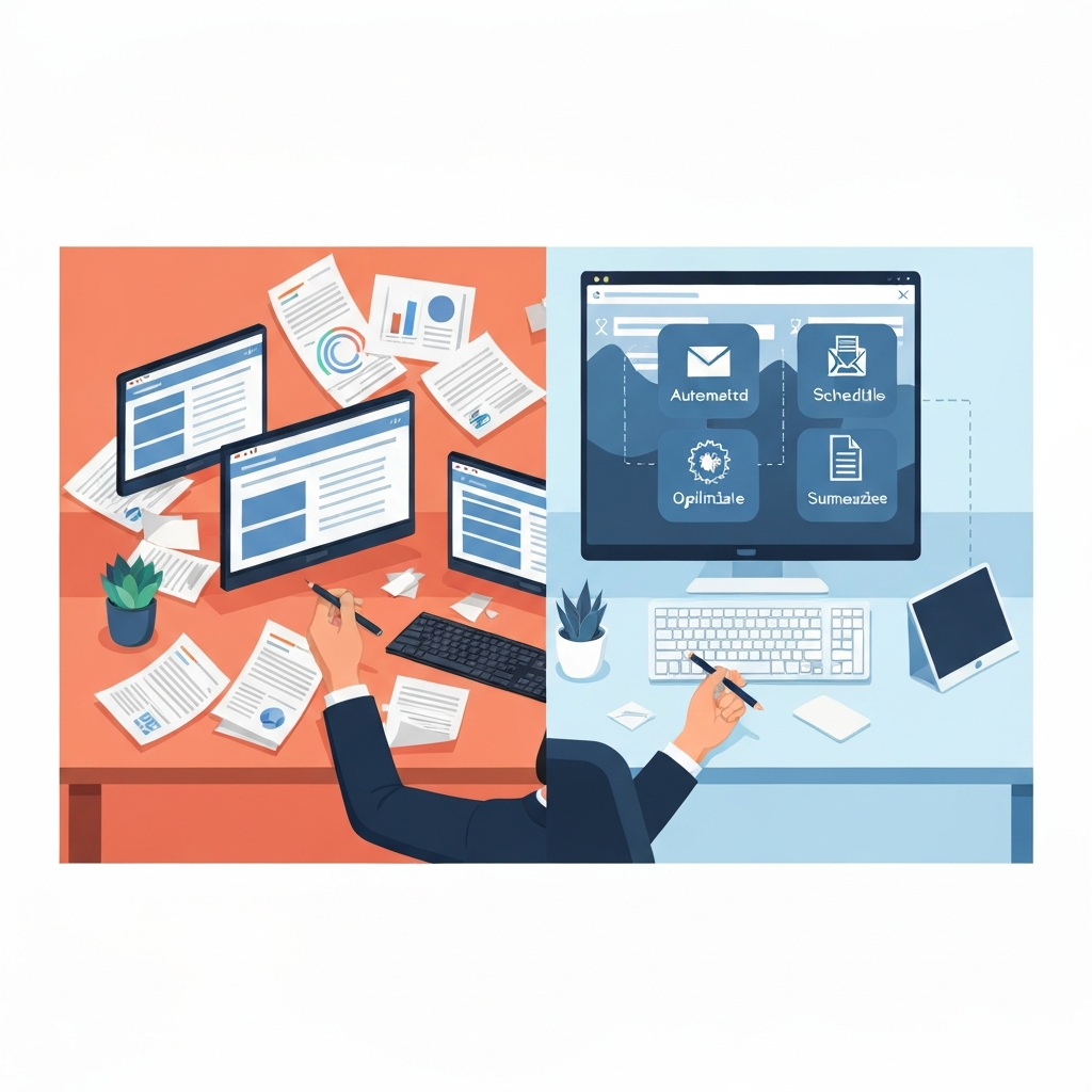 An infographic-style illustration with a clear visual contrast. On one side, a chaotic desk scene with scattered papers, multiple open software windows, and a stressed hand juggling several tasks. On the other side, the same desk transformed: clean and organized, with a single, elegant digital interface displaying streamlined icons representing automated emails, optimized schedules, and summarized documents. The visual transition highlights how AI cleans up clutter and simplifies complex workflows, moving from struggle to effortless efficiency.