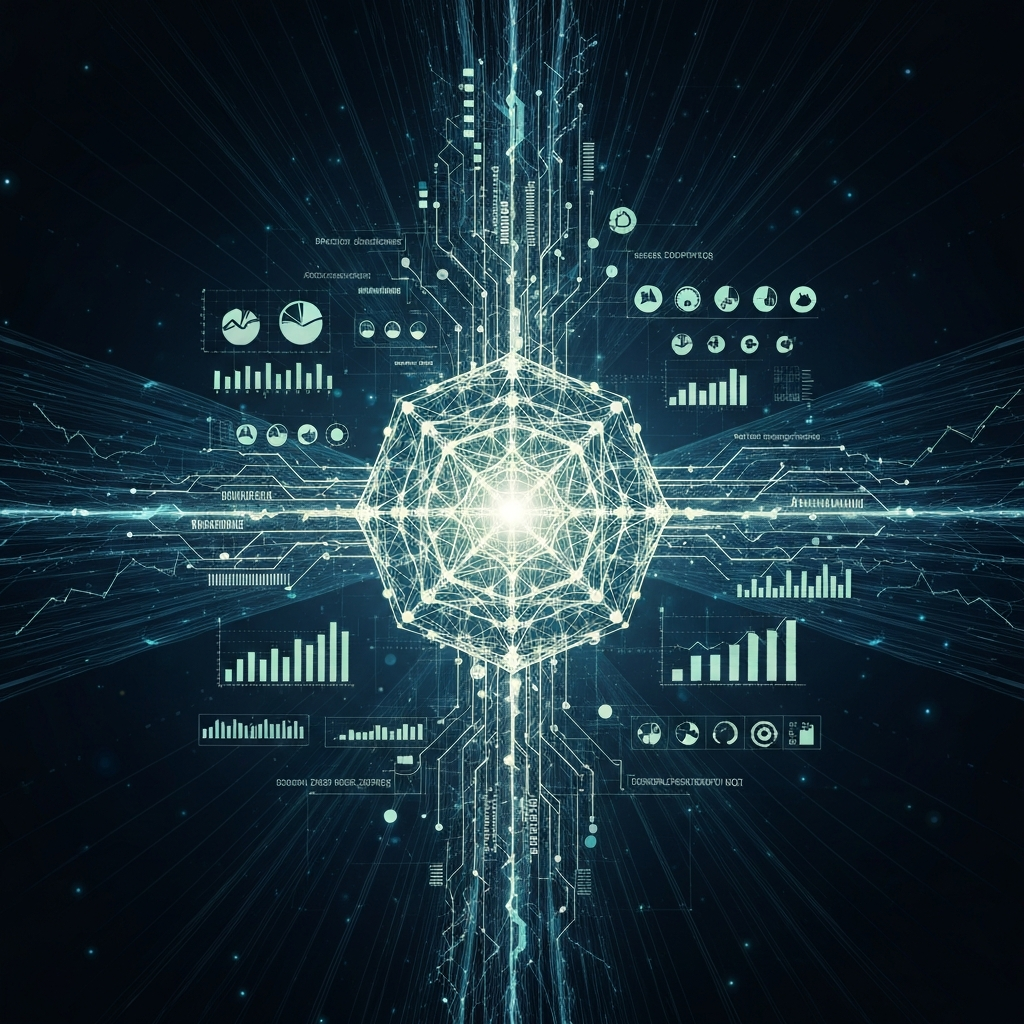 An abstract digital art piece illustrating the core functions of AI in productivity. A central, intricate network of glowing lines and interconnected nodes represents the AI's processing power and data analysis capabilities. From this central 'brain,' visually distinct streams of organized data, simplified charts, and predictive analysis patterns radiate outwards into a modern, ethereal digital space. The image conveys the concepts of automation, insights, and strategic decision-making, emphasizing AI's role in smart, data-driven work.