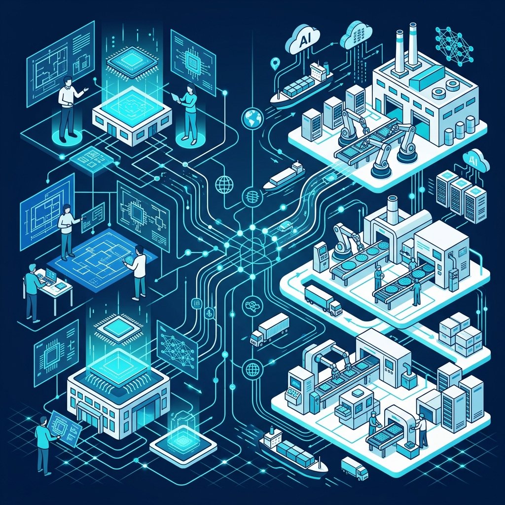 A sleek, professional flat-style isometric infographic illustration showcasing the semiconductor supply chain ecosystem. On one side, stylized abstract figures represent 'design' firms with digital blueprint elements, and on the other, industrial clean-room factory icons represent 'foundries'. Connecting these two sections are flowing data streams and glowing nodes representing global logistics and AI infrastructure integration. The color palette uses deep navy, electric cyan, and clean white. The composition is balanced and modern, designed to visually represent market dynamics without any text, labels, or typography.