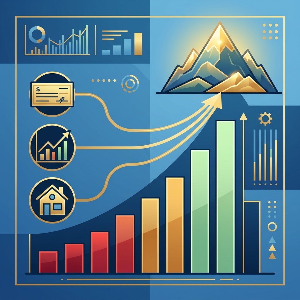 A sophisticated infographic-style flat illustration showing the growth and compounding of capital over time. The scene features a stylized bar graph rising steadily, where the bars transition from a heavy, tax-burdened red at the bottom to a light, efficient green at the top. Beside the graph, abstract icons of a paycheck, a stock market chart, and a real estate property are connected by smooth, flowing golden lines that converge into a single, prosperous mountain of wealth. Clean vector art style, professional blue and gold color palette, high contrast, no text.