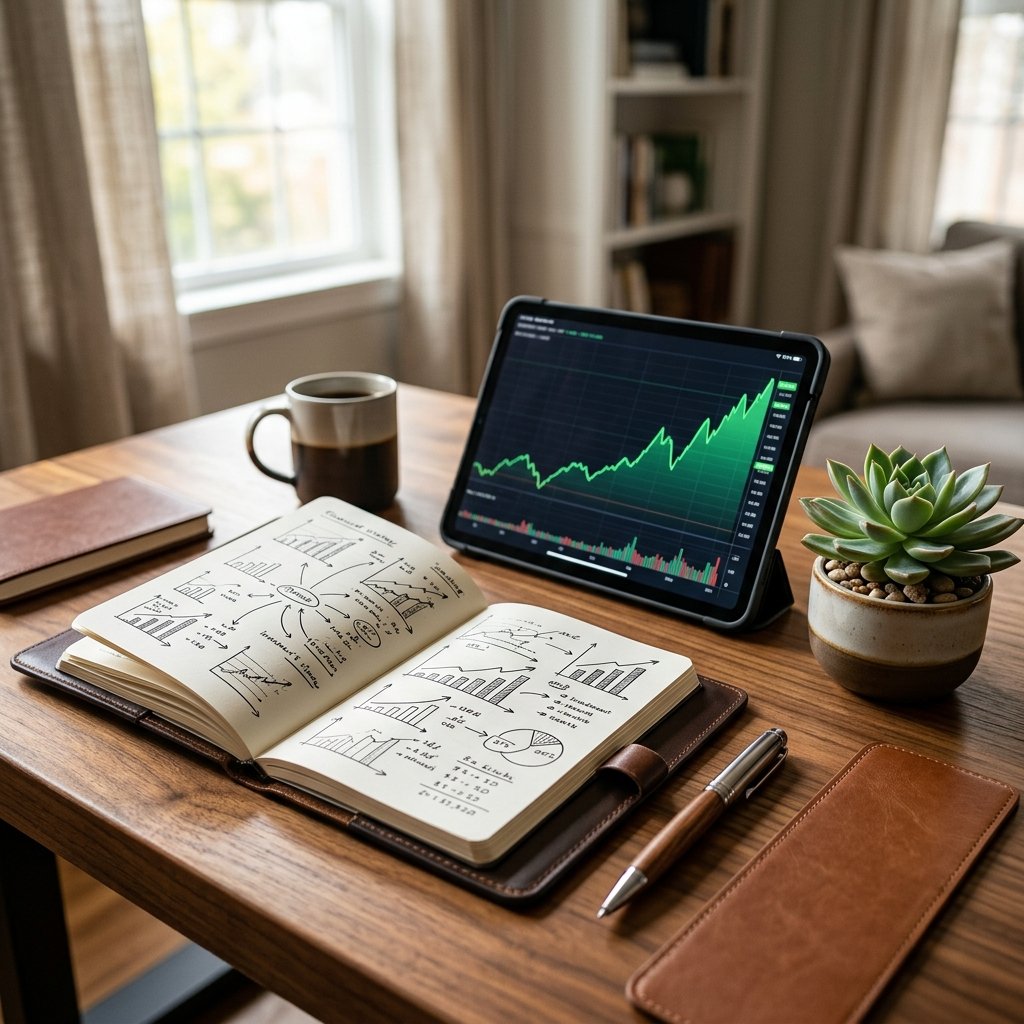 A professional photographic composition featuring an elegant, modern home office workspace. On a wooden desk sits an open leather notebook with complex financial diagrams and arrows drawn in pen. Next to the notebook is a high-end digital tablet displaying a rising stock market curve, and a small, flourishing succulent plant representing the growth of assets. The background is softly blurred to indicate a bright, productive morning. The image evokes a sense of financial clarity, long-term strategy, and professional wealth management. Warm, inviting lighting, high resolution, no text.