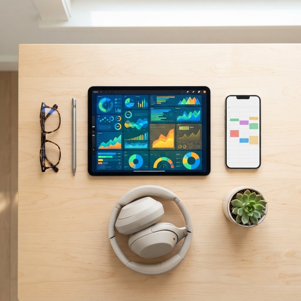 An overhead flatlay composition on a clean wooden desk displaying the tools of a modern digital entrepreneur. Items include a high-end tablet showing abstract colorful data graphic