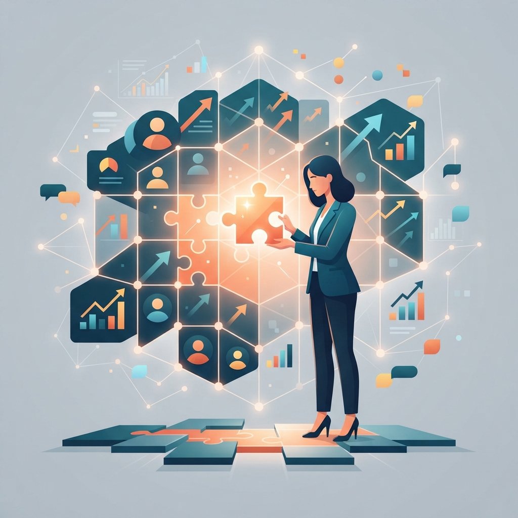 A conceptual flat vector illustration showing a business concept validation process. The scene depicts a stylized entrepreneur examining a glowing digital puzzle piece fitting into
