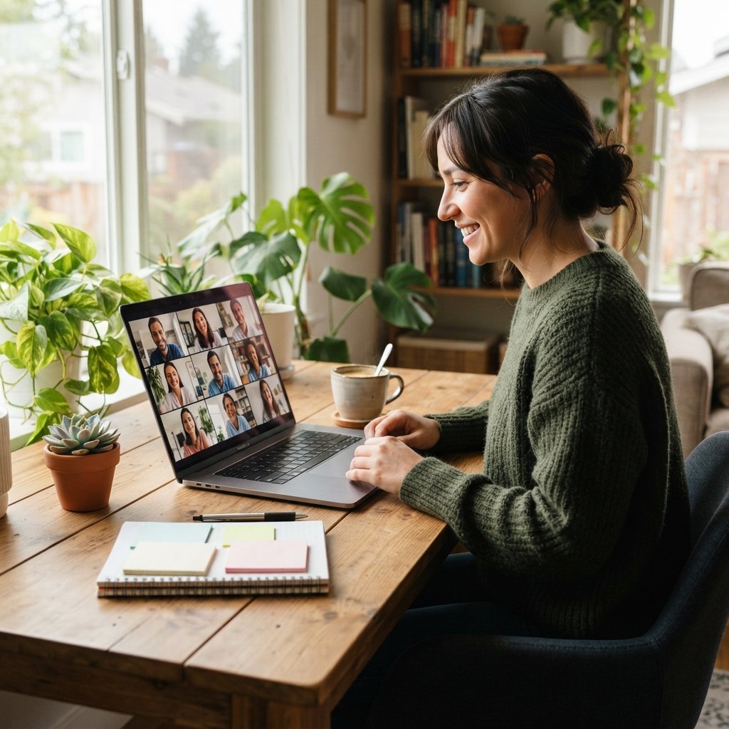 A professional photograph style image depicting a friendly home office workspace. A person is sitting at a clean wooden desk with a laptop open, showing a gallery view of diverse s