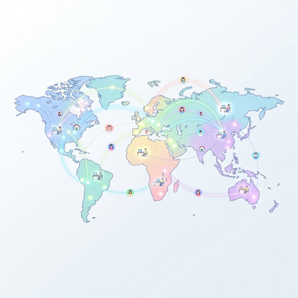 An engaging minimalist infographic-style illustration representing global team connectivity. A stylized world map rendered in soft pastel colors features glowing connection lines a