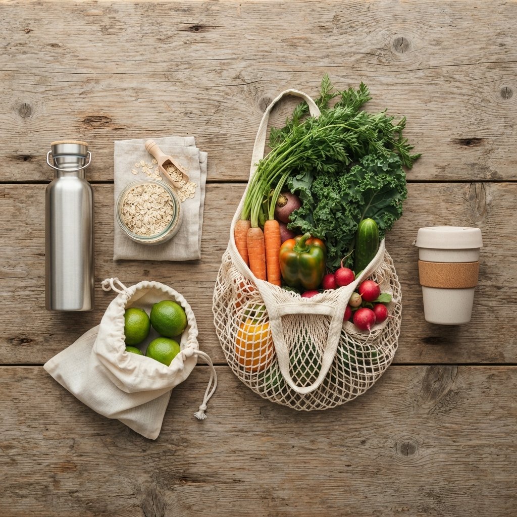An overhead flatlay photograph on a rustic wooden table displaying the foundations of a sustainable, low-waste kitchen routine. Items include a reusable stainless steel water bottl
