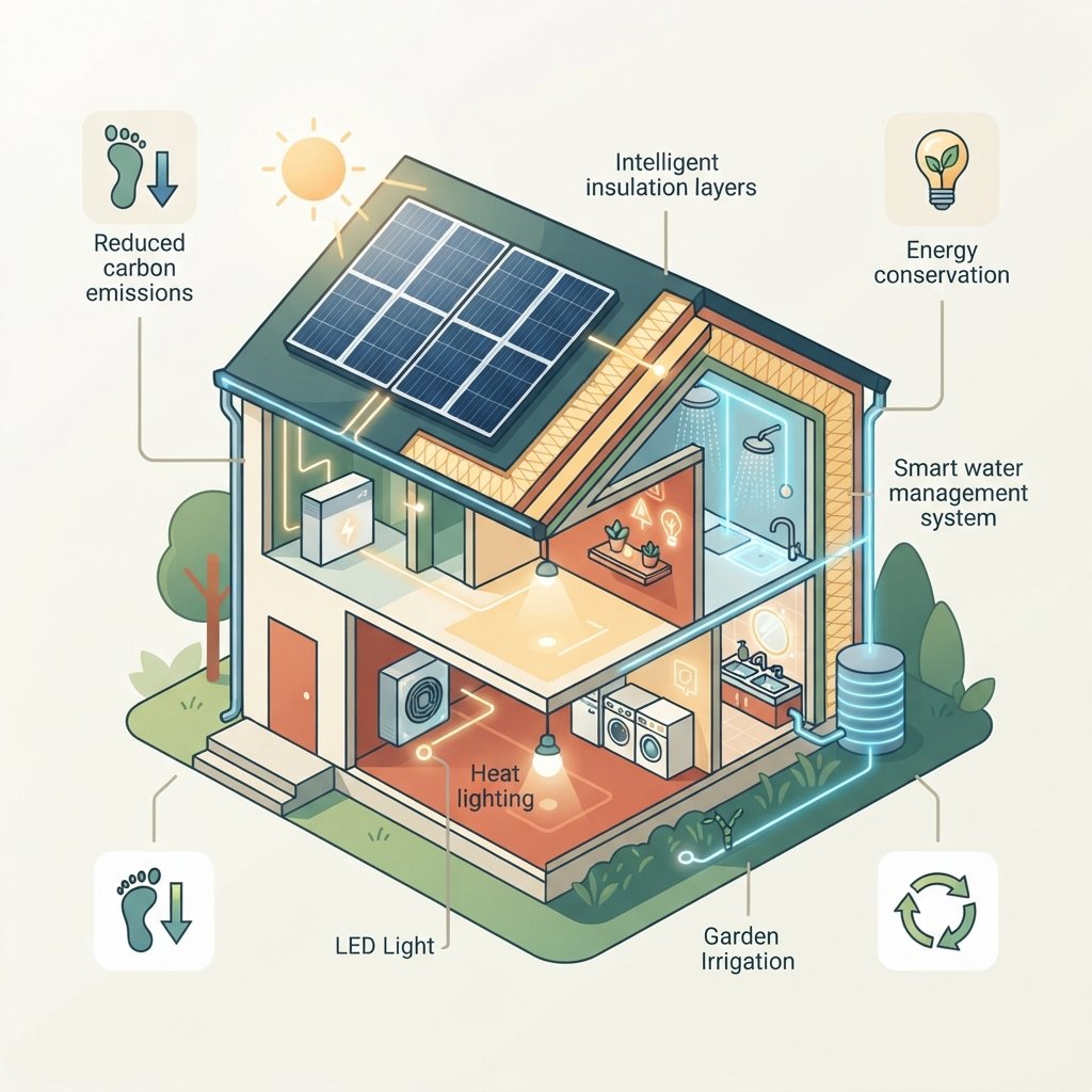 A conceptual infographic-style illustration depicting sustainable resource management in a modern suburban home. Cutaway view of a house showing eco-friendly elements such as solar