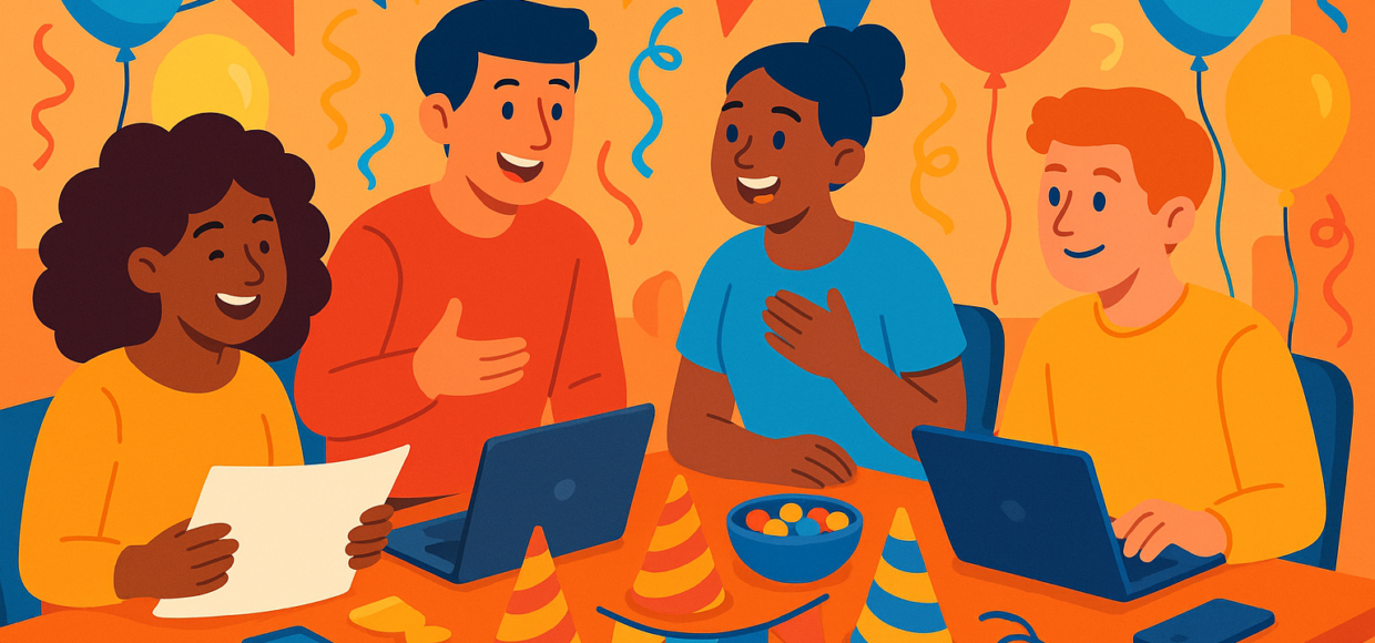 AI party planning tools laptop screen with festive icons