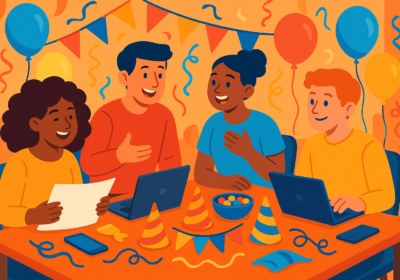 AI party planning tools laptop screen with festive icons