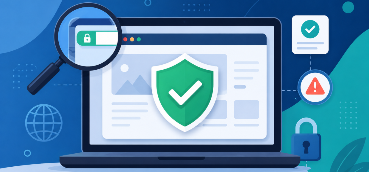 Is this website safe? Illustration of a laptop browser window with a magnifying glass, security shield checkmark, padlock, and warning icons representing free tools to check if a website is safe or a scam.
