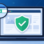 Is this website safe? Illustration of a laptop browser window with a magnifying glass, security shield checkmark, padlock, and warning icons representing free tools to check if a website is safe or a scam.