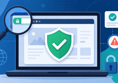 Is this website safe? Illustration of a laptop browser window with a magnifying glass, security shield checkmark, padlock, and warning icons representing free tools to check if a website is safe or a scam.