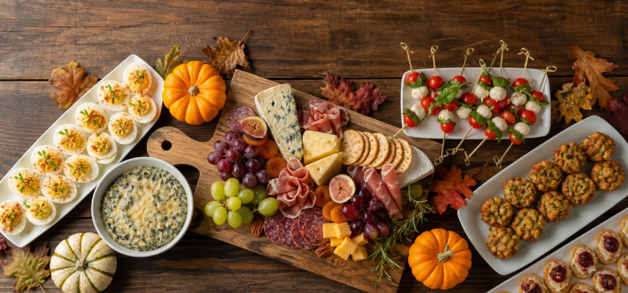 Thanksgiving appetizers spread with charcuterie board, deviled eggs and caprese skewers