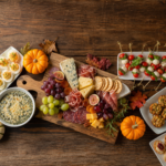Thanksgiving appetizers spread with charcuterie board, deviled eggs and caprese skewers
