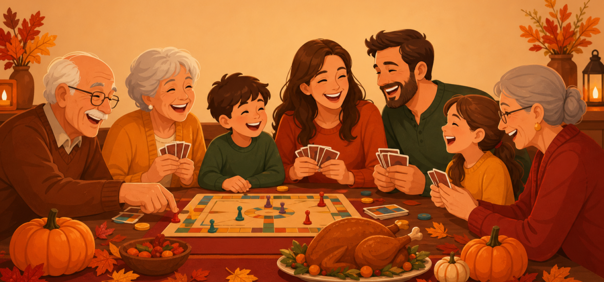 Wide horizontal banner: a cheerful multi-generation family (grandparents, parents, kids) laughing together around a cozy Thanksgiving table while playing a board game and card game, with a small roast turkey, pumpkins and autumn leaves around them. W