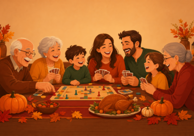 Wide horizontal banner: a cheerful multi-generation family (grandparents, parents, kids) laughing together around a cozy Thanksgiving table while playing a board game and card game, with a small roast turkey, pumpkins and autumn leaves around them. W