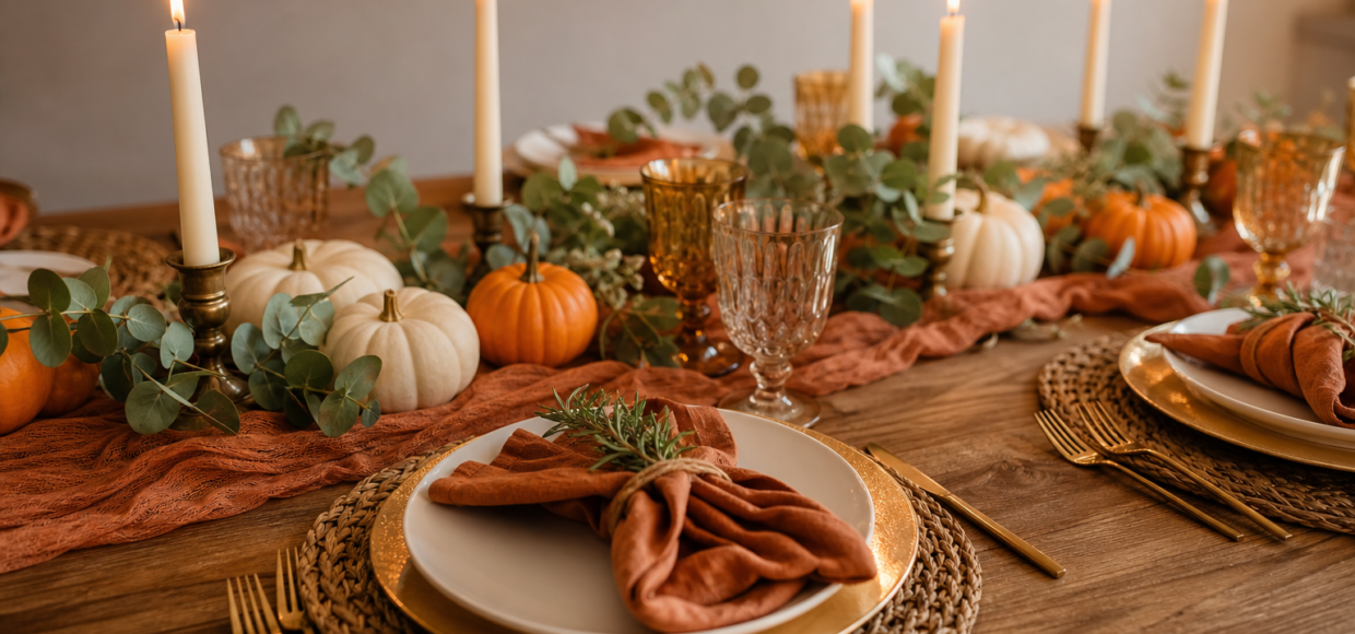 Wide horizontal banner photo of a beautifully styled Thanksgiving dinner table seen from a low three-quarter angle: a terracotta cheesecloth runner down the center with small orange and white pumpkins, eucalyptus greenery and glowing ivory taper cand