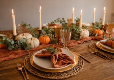 Wide horizontal banner photo of a beautifully styled Thanksgiving dinner table seen from a low three-quarter angle: a terracotta cheesecloth runner down the center with small orange and white pumpkins, eucalyptus greenery and glowing ivory taper cand