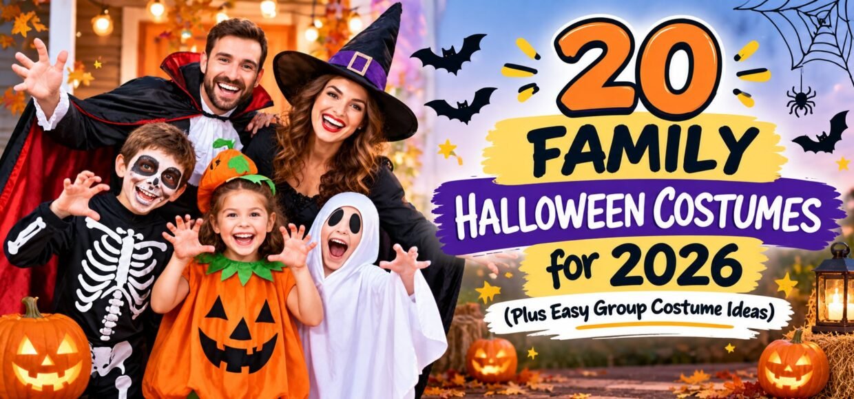 Family Halloween costumes: parents as a vampire and witch with kids dressed as a skeleton, pumpkin and ghost