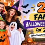 Family Halloween costumes: parents as a vampire and witch with kids dressed as a skeleton, pumpkin and ghost