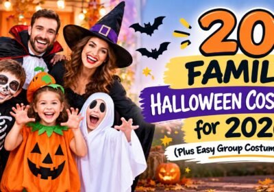 Family Halloween costumes: parents as a vampire and witch with kids dressed as a skeleton, pumpkin and ghost