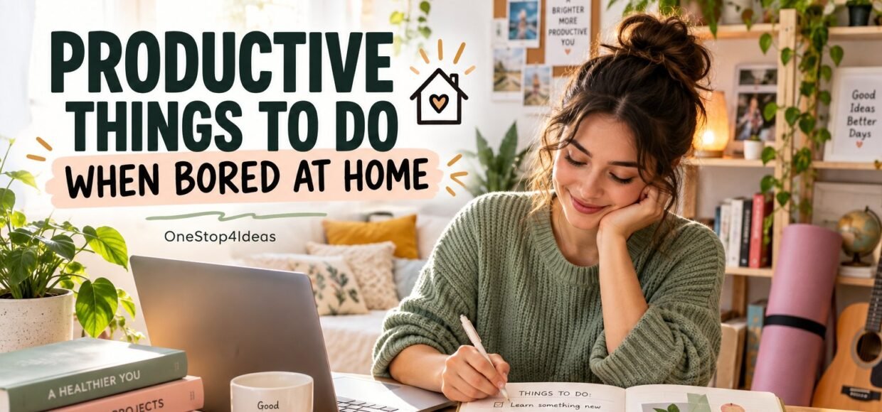 Woman writing a to-do list at a cozy desk at home: productive things to do when bored at home