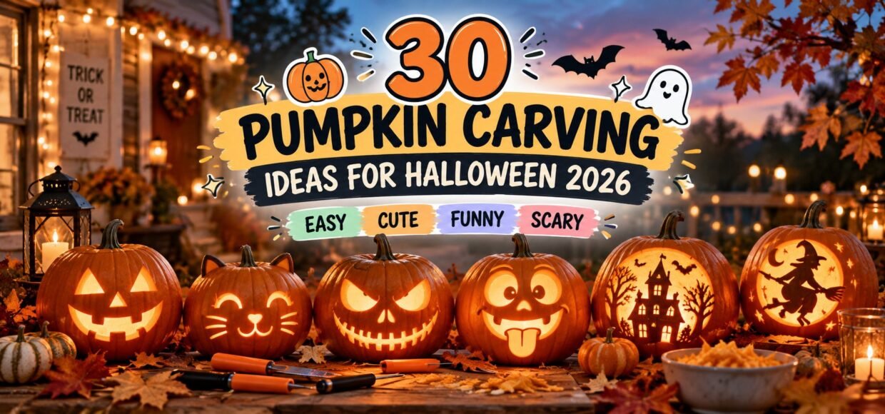 30 pumpkin carving ideas: glowing jack-o'-lanterns with cat, scary, funny, haunted house and witch designs on a porch