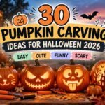 30 pumpkin carving ideas: glowing jack-o'-lanterns with cat, scary, funny, haunted house and witch designs on a porch