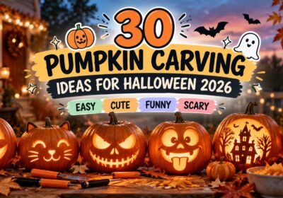 30 pumpkin carving ideas: glowing jack-o'-lanterns with cat, scary, funny, haunted house and witch designs on a porch