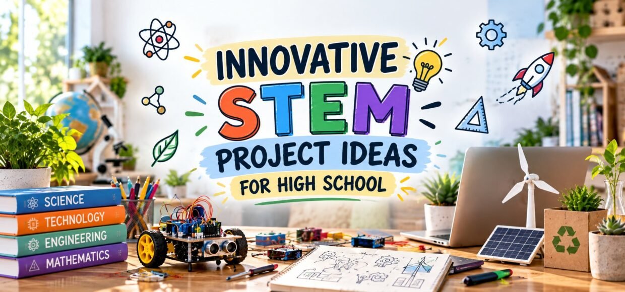 Innovative STEM project ideas for high school: robot car, solar panel, wind turbine and science books on a desk