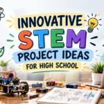 Innovative STEM project ideas for high school: robot car, solar panel, wind turbine and science books on a desk