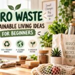 Reusable tote bag, glass jars and plants in a bright kitchen: zero waste lifestyle and sustainable living ideas for beginners